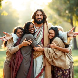A warm and uplifting scene capturing Jesus with open arms, hugging a diverse group of people including men, women, and children, showcasing a blend of cultures and ethnicities
