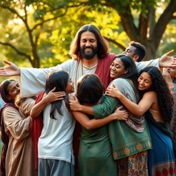 A warm and uplifting scene capturing Jesus with open arms, hugging a diverse group of people including men, women, and children, showcasing a blend of cultures and ethnicities