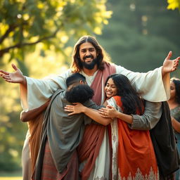 A warm and uplifting scene capturing Jesus with open arms, hugging a diverse group of people including men, women, and children, showcasing a blend of cultures and ethnicities