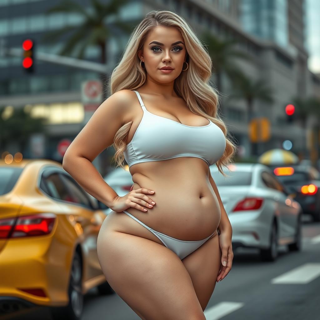 A sexy, beautiful, innocent, and cute young woman with a voluptuous and curvy figure is standing confidently in traffic at a busy downtown intersection