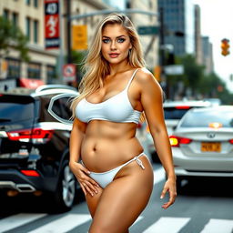 A sexy, beautiful, innocent, and cute young woman with a voluptuous and curvy figure is standing confidently in traffic at a busy downtown intersection