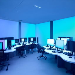 An array of modern computer tables in a well-lit room. Each table is equipped with high-tech computers, ergonomic chairs, and accessories like headphones and mouse pads.