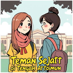 Sampul komik yang menampilkan dua siswa perempuan berdiri di depan sekolah, dengan ekspresi ceria dan sikap saling mendukung