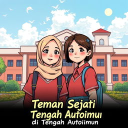 Sampul komik yang menampilkan dua siswa perempuan berdiri di depan sekolah, dengan ekspresi ceria dan sikap saling mendukung