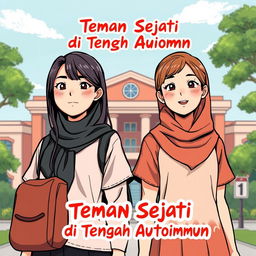 Sampul komik yang menampilkan dua siswa perempuan berdiri di depan sekolah, dengan ekspresi ceria dan sikap saling mendukung