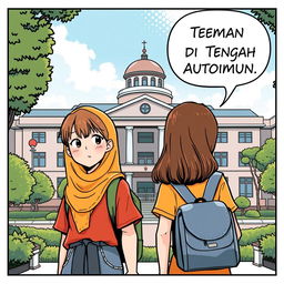 Sampul komik yang menampilkan dua siswa perempuan berdiri di depan sekolah, dengan ekspresi ceria dan sikap saling mendukung
