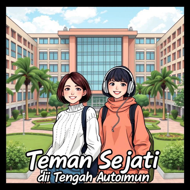 Sampul komik yang menampilkan dua siswa perempuan berpose di depan kampus, dengan ekspresi optimis dan saling mendukung