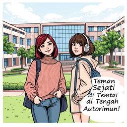 Sampul komik yang menampilkan dua siswa perempuan berpose di depan kampus, dengan ekspresi optimis dan saling mendukung