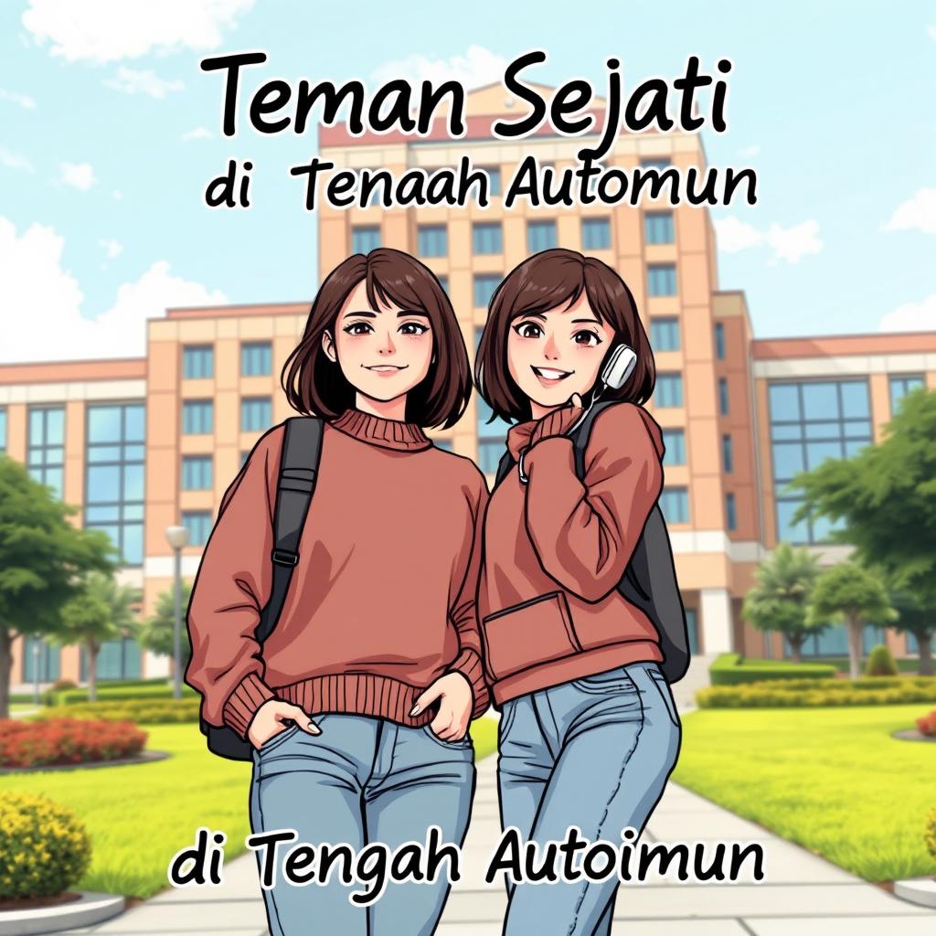 Sampul komik yang menampilkan dua siswa perempuan berpose di depan kampus, dengan ekspresi optimis dan saling mendukung