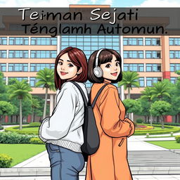 Sampul komik yang menampilkan dua siswa perempuan berpose di depan kampus, dengan ekspresi optimis dan saling mendukung