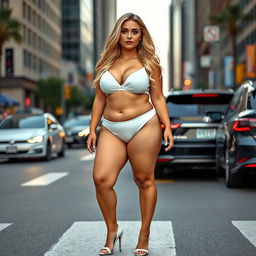 A sexy, beautiful, innocent, and cute young woman with a voluptuous and curvy figure is standing in traffic at a busy downtown intersection