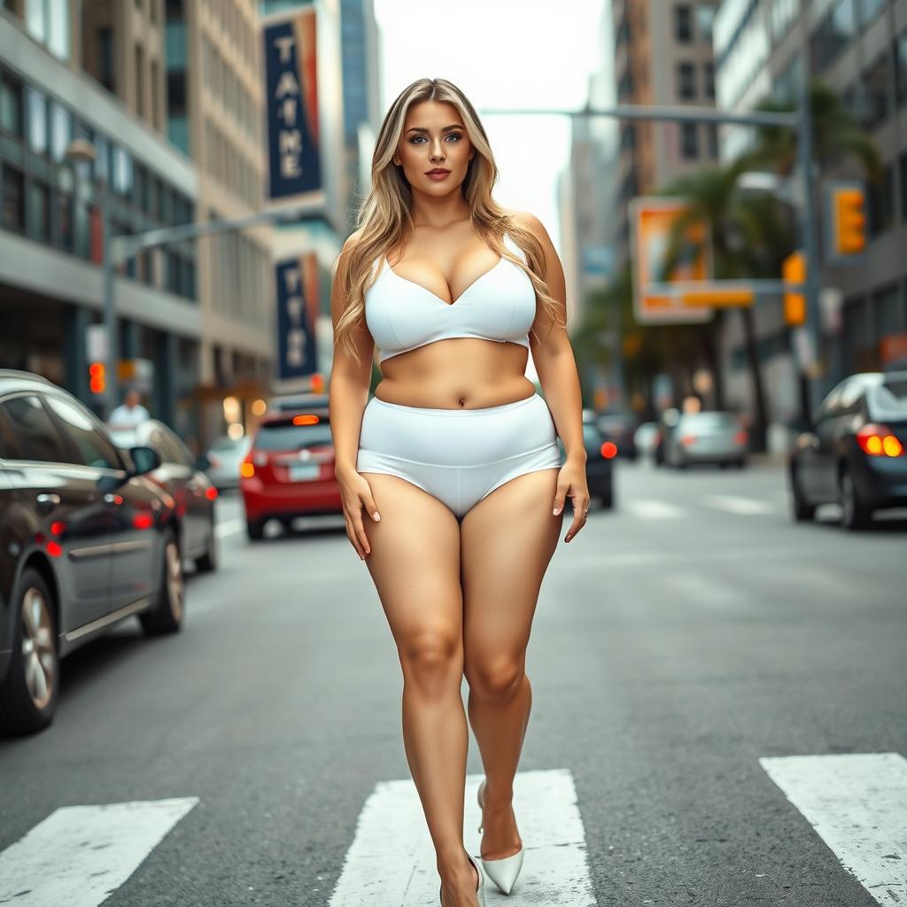 A sexy, beautiful, innocent, and cute young woman with a voluptuous and curvy figure is standing in traffic at a busy downtown intersection