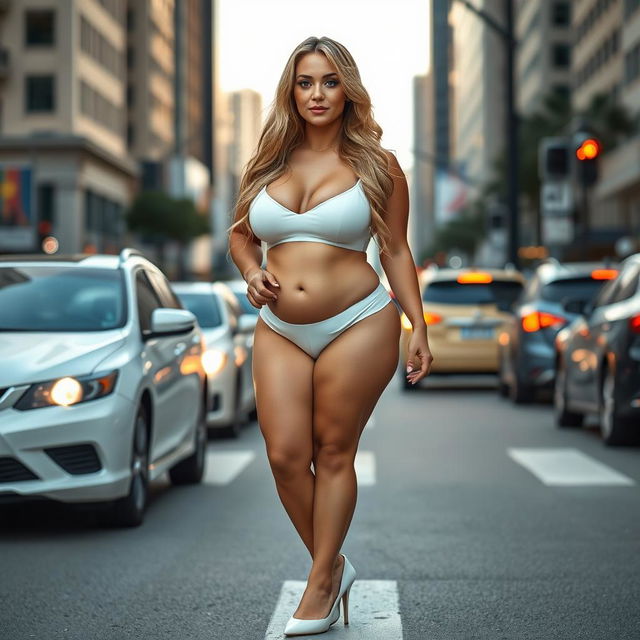 A sexy, beautiful, innocent, and cute young woman with a voluptuous and curvy figure is standing in traffic at a busy downtown intersection