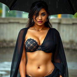 A hot stunning Indian model with a perfect hourglass figure wearing an ultra low waist black plain chiffon saree, soaked in the rain, which accentuates her curves