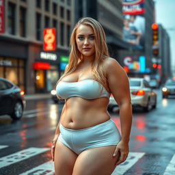 A sexy, beautiful, innocent, and cute young woman with a voluptuous and curvy figure is standing confidently in traffic at a busy downtown intersection, soaking wet