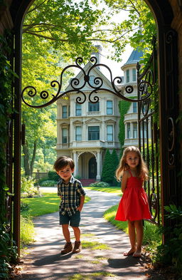 A grand mansion situated deep in a lush green forest, with intricate architectural details and an inviting yet mysterious aura