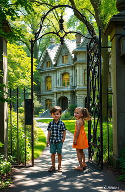 A grand mansion situated deep in a lush green forest, with intricate architectural details and an inviting yet mysterious aura