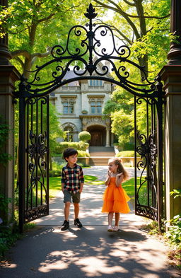 A grand mansion situated deep in a lush green forest, with intricate architectural details and an inviting yet mysterious aura