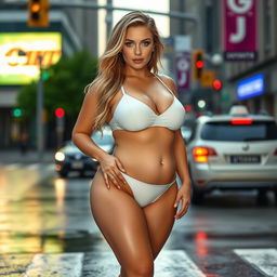 A sexy, beautiful, innocent, and cute young woman with a voluptuous and curvy figure is standing confidently in traffic at a busy downtown intersection, soaking wet
