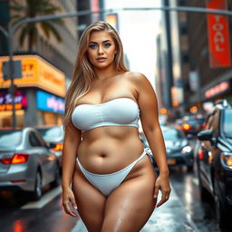 A sexy, beautiful, innocent, and cute young woman with a voluptuous and curvy figure is standing confidently in traffic at a busy downtown intersection, soaking wet
