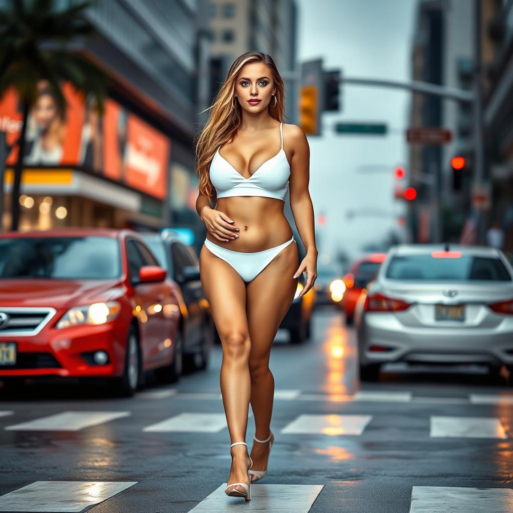 A sexy, beautiful, innocent, and cute young woman with a voluptuous and curvy figure is walking confidently in traffic at a busy downtown intersection, dripping wet