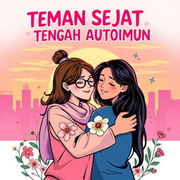 A vibrant and emotional comic book cover for 'Teman Sejati di Tengah Autoimun', showcasing two close friends embracing each other with warmth and support