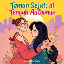 A vibrant and emotional comic book cover for 'Teman Sejati di Tengah Autoimun', showcasing two close friends embracing each other with warmth and support