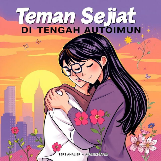 A vibrant and emotional comic book cover for 'Teman Sejati di Tengah Autoimun', showcasing two close friends embracing each other with warmth and support