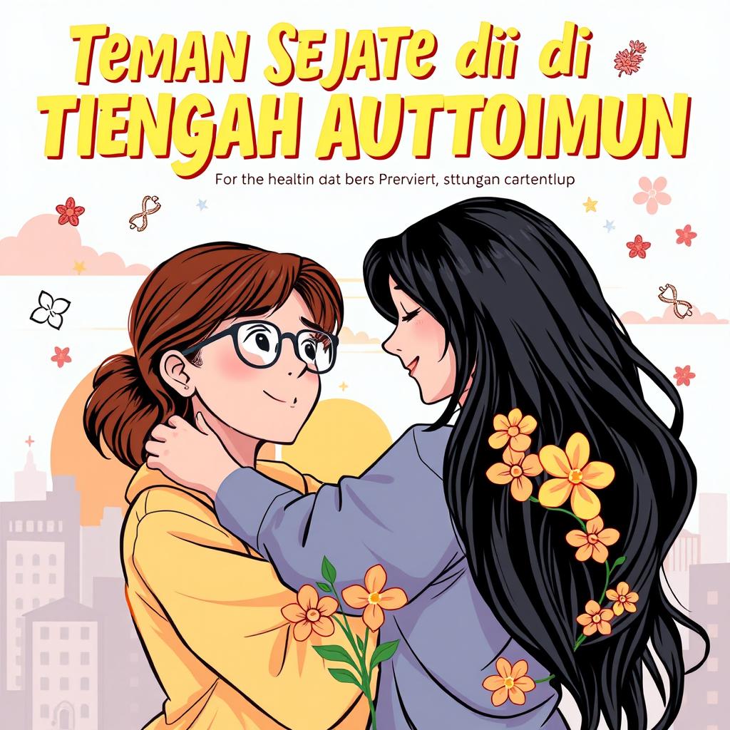 A vibrant and emotional comic book cover for 'Teman Sejati di Tengah Autoimun', showcasing two close friends embracing each other with warmth and support