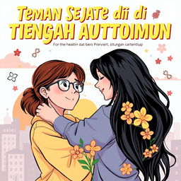 A vibrant and emotional comic book cover for 'Teman Sejati di Tengah Autoimun', showcasing two close friends embracing each other with warmth and support