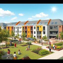 A community housing visualization showcasing a social housing project, featuring modern architecture with eco-friendly materials, vibrant colors, and landscaped green spaces