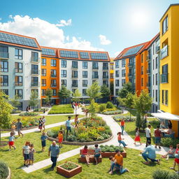 A community housing visualization showcasing a social housing project, featuring modern architecture with eco-friendly materials, vibrant colors, and landscaped green spaces