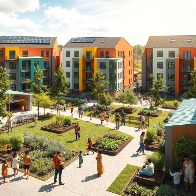 A community housing visualization showcasing a social housing project, featuring modern architecture with eco-friendly materials, vibrant colors, and landscaped green spaces