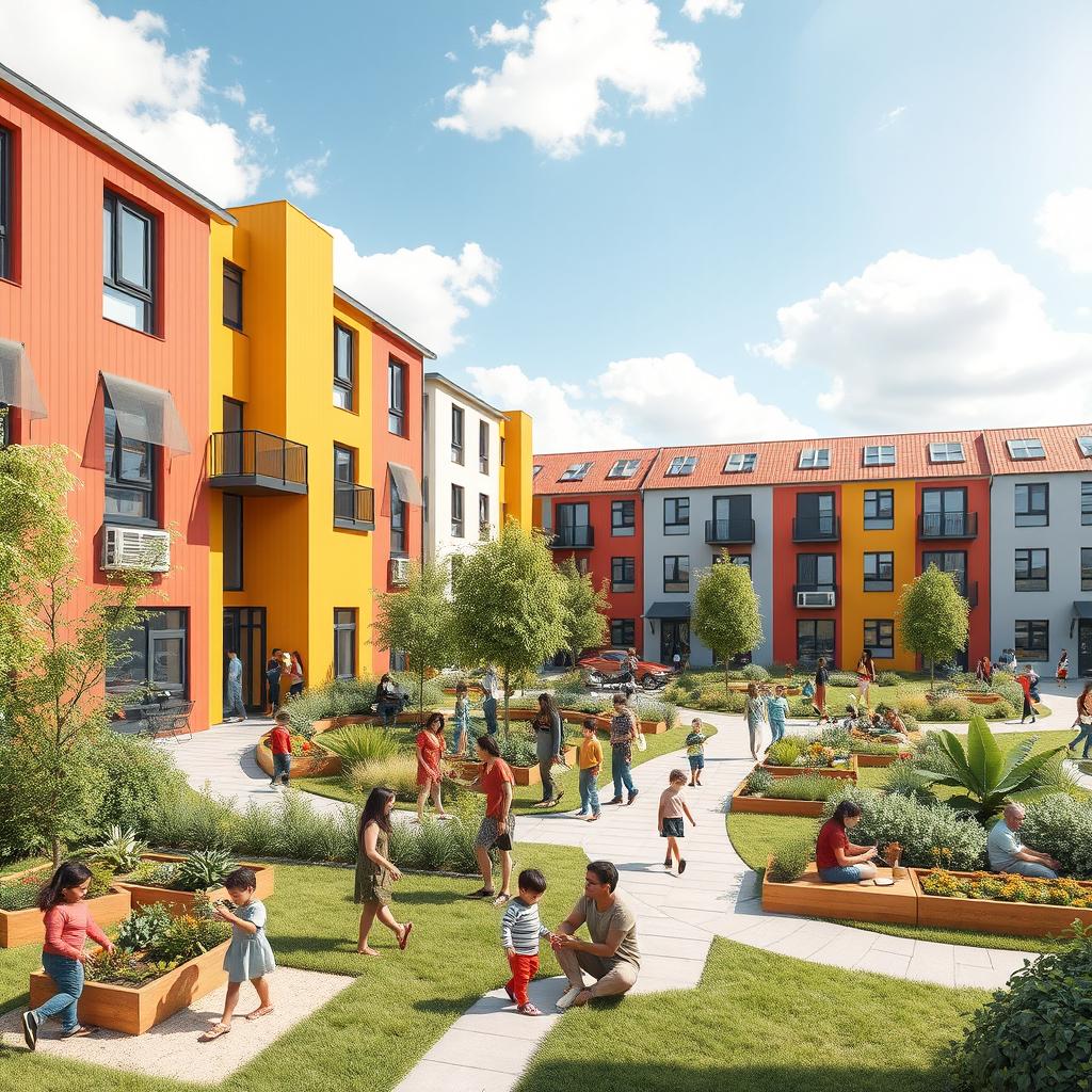 A community housing visualization showcasing a social housing project, featuring modern architecture with eco-friendly materials, vibrant colors, and landscaped green spaces
