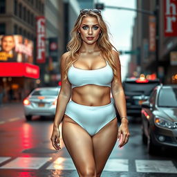 A sexy, beautiful, innocent, and cute young woman with a voluptuous and curvy figure is walking confidently in traffic at a busy downtown intersection, soaking wet