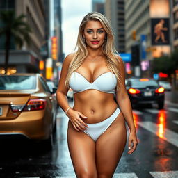 A sexy, beautiful, innocent, and cute young woman with a voluptuous and curvy figure is walking confidently in traffic at a busy downtown intersection, soaking wet