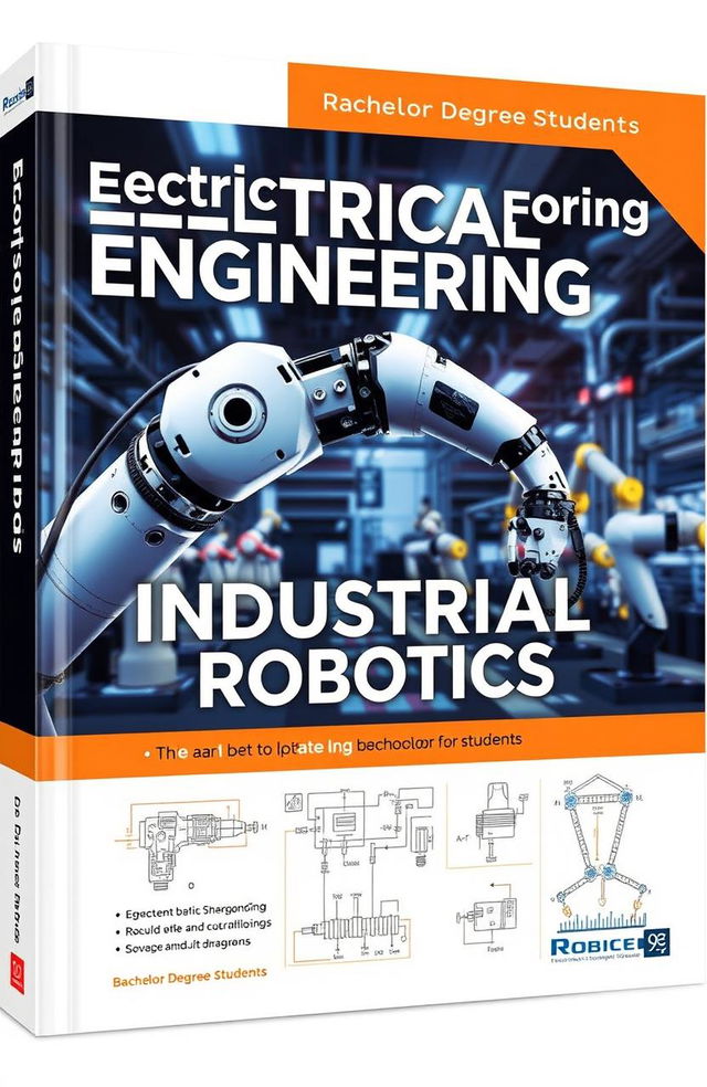 An image of a modern, well-designed textbook cover on electrical engineering with a focus on industrial robotics, aimed at bachelor's degree students
