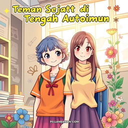 A captivating comic book cover for 'Teman Sejati di Tengah Autoimun', featuring two female students as the main characters