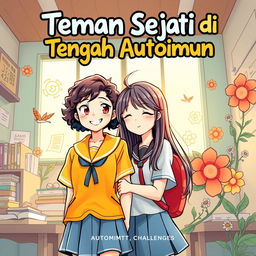 A captivating comic book cover for 'Teman Sejati di Tengah Autoimun', featuring two female students as the main characters