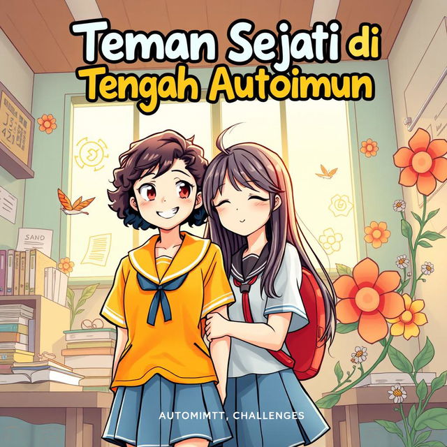 A captivating comic book cover for 'Teman Sejati di Tengah Autoimun', featuring two female students as the main characters