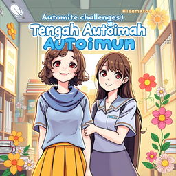 A captivating comic book cover for 'Teman Sejati di Tengah Autoimun', featuring two female students as the main characters