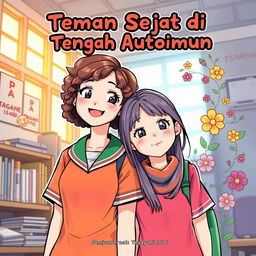 A captivating comic book cover for 'Teman Sejati di Tengah Autoimun', featuring two female students as the main characters