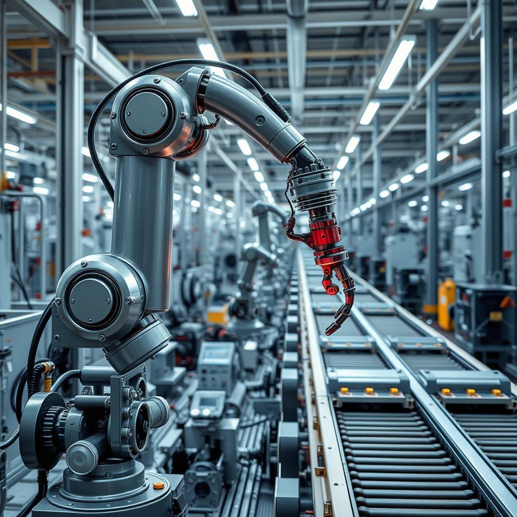 A highly detailed robotic arm working in an industrial setting, showcasing a pristine factory environment with machinery, conveyor belts, and tools