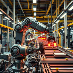 A highly detailed robotic arm working in an industrial setting, showcasing a pristine factory environment with machinery, conveyor belts, and tools