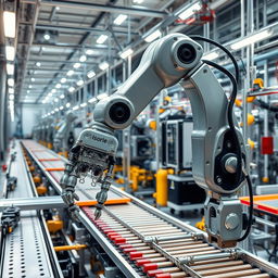 A highly detailed robotic arm working in an industrial setting, showcasing a pristine factory environment with machinery, conveyor belts, and tools