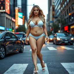 A sexy, beautiful, innocent, and cute young woman with a voluptuous and curvy figure is walking confidently in traffic at a busy downtown intersection, wearing elegant white lingerie and stylish white high heel stiletto shoes