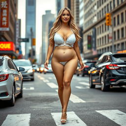 A sexy, beautiful, innocent, and cute young woman with a voluptuous and curvy figure is walking confidently in traffic at a busy downtown intersection, dressed in elegant white baby doll lingerie and stylish white high heel stiletto shoes