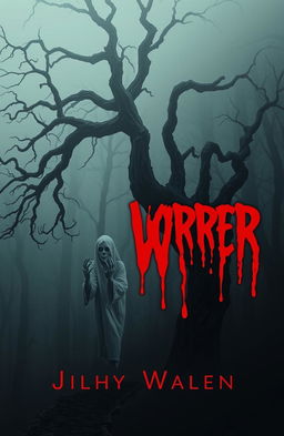 A chilling horror book cover featuring a dark, eerie forest shrouded in thick mist