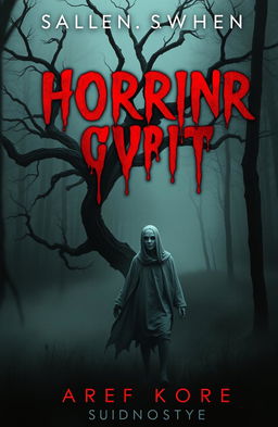 A chilling horror book cover featuring a dark, eerie forest shrouded in thick mist