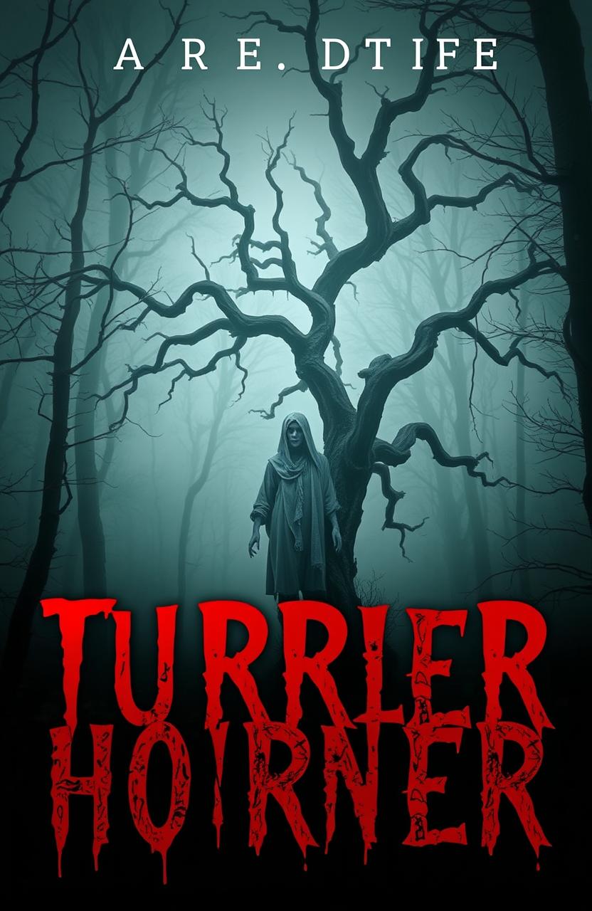 A chilling horror book cover featuring a dark, eerie forest shrouded in thick mist
